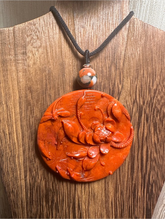 Jewelry - Large Round Red Agate Lotus and Dragonfly Pendant Necklace on Black Rope